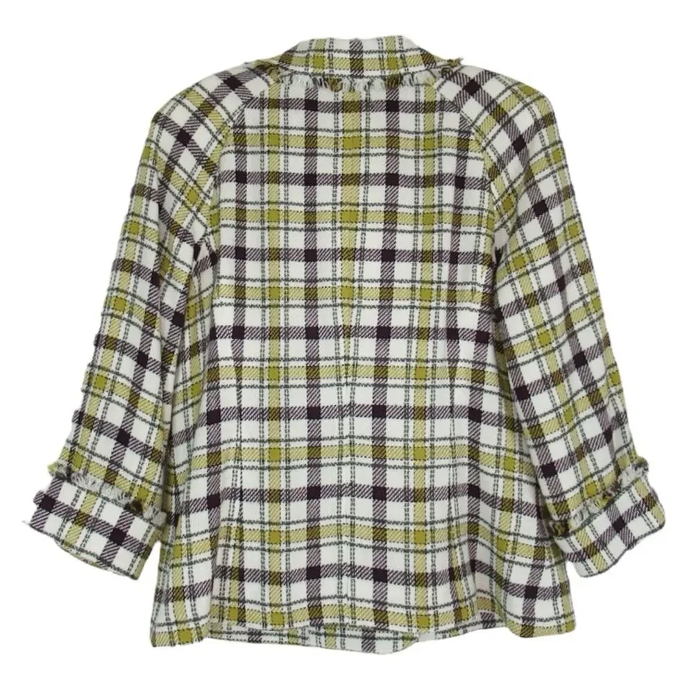 PENDLETON Plaid Tweed Jacket Double Breasted Fringe Trim Women’s Size 12